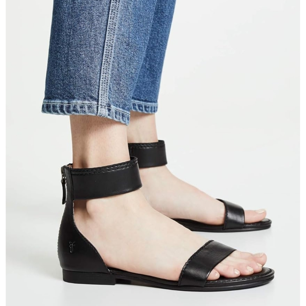 Frye Black Leather Ankle Strap Sandals